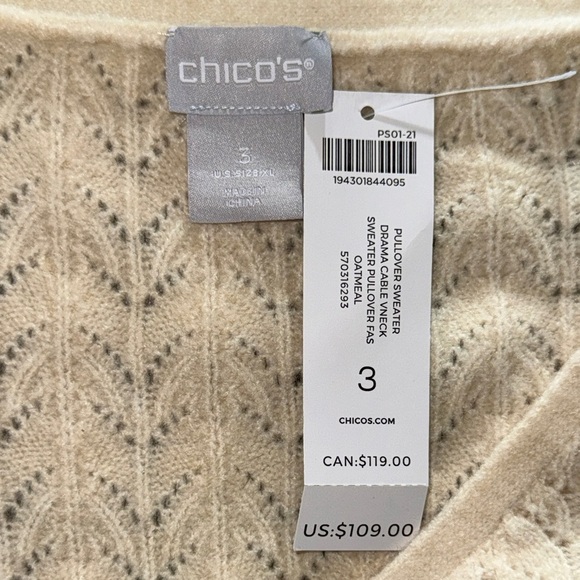 Chico's Drama Cable Pullover V-neck Sweater Oatmeal - Picture 9 of 14